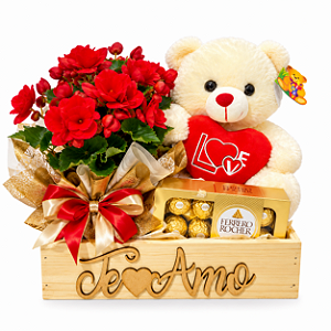 Cesta Te Amo com Flores Vermelhas, Ursinho & Ferrero Rocher