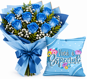 Buquê 12 Rosas Azuis com Almofada "Você é Especial"