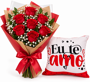 Buquê de 6 Rosas Vermelhas com Almofada “Eu te Amo”