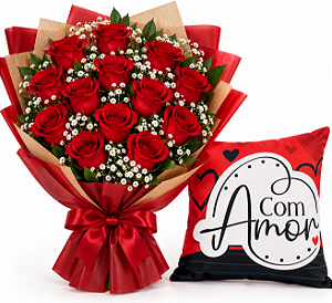 Buquê de 6 Rosas Vermelhas com Almofada “Com Amor”