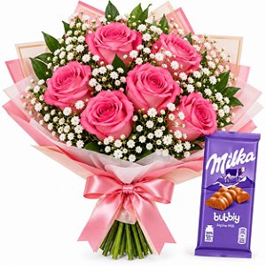 Buquê de 6 Rosas Pink com Chocolate Milka