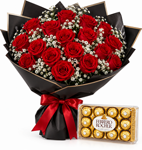 Black Romance – Buquê de Rosas Vermelhas com Ferrero Rocher 150G