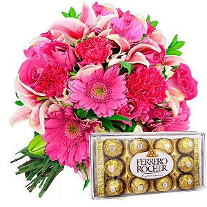 Buquê MIX de Flores Nobres Pink  com Ferrero Rocher