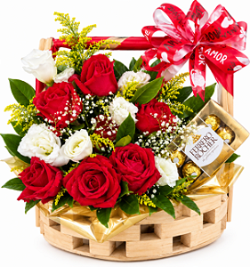 Luxuosa Cesta de Rosas Vermelhas e Lisianthus Com Ferrero Rocher