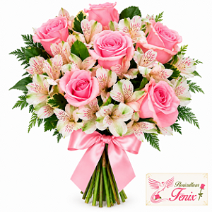 Afeto em Flores - Buquê de Rosas Cor Rosa & Astromélias