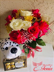 Arranjo de Mix de Flores com Dálmata e Chocolate