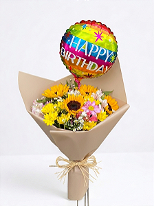 Buquê Mix de Flores & balão Happy Birthday