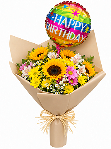 Buquê Mix de Flores & Balão Happy Birthday
