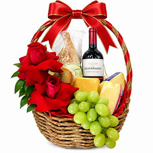 Cesta Luxo Queijo, Vinho e Flores