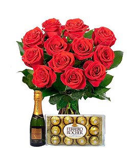Buquê de 12 rosas vermelhas com Ferrero Rocher e Chandon