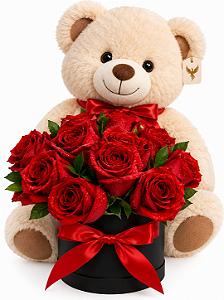 Box de Rosas Vermelhas com Urso de Pelúcia
