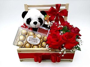 Esplendor de Rosas com Urso Panda & Chocolate Ferrero Rocher 150G