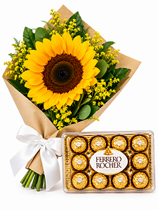 Mini Buquê de Girassol Unitário & Ferrero Rocher 150g