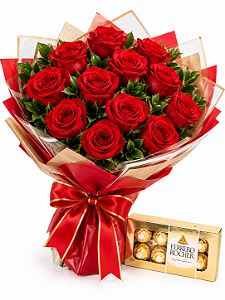 Buquê 12 Rosas Colombianas e Ferrero Rocher