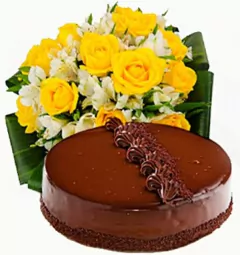 Buque 12 Rosas Amarelas e Bolo de Chocolate