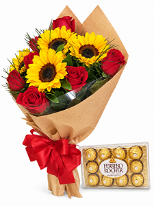 Sol & Amor – Buquê de Rosas, Girassóis e Ferrero Rocher 150G