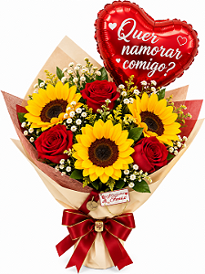 Buquê Rosas e Girassóis "Quer namorar Comigo?"