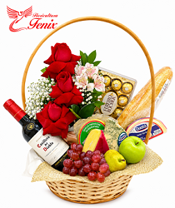 Cesta Romântica Vinho, Queijos e Chocolate