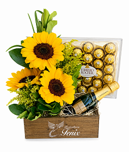 Arranjo de Girassóis luxo e Chandom com Ferrero Roche 300 gramas