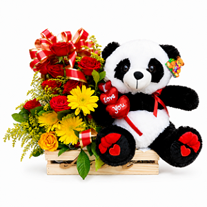 Cesta Carinho com Flores & Panda Fofinho