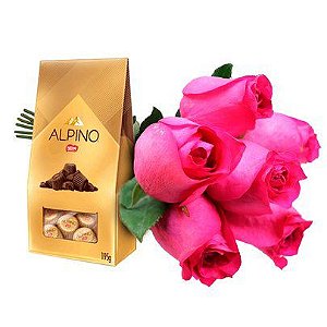 Buquê de 6 rosas pink e chocolate Alpino