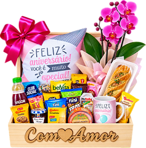 Baú de Café "Feliz Aniversário" com Orquídea