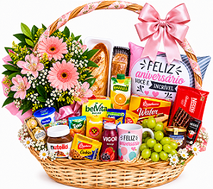 Cesta Café da Manhã “Feliz Aniversário” com Gérberas