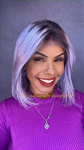 Peruca Lace Front Cabelo Humano Long Bob Cinza Azulado 48