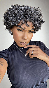 Peruca cabelo humano cacheada grisalha Ziza