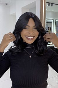 Peruca Fibra Futura Ondulado Franja Niara Preta