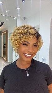 Peruca cabelo humano cacheada Gisa Ombré Loiro Dourado