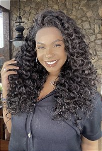 Peruca Lace Front Cabelo Humano Cacheada Longa Cristina Castanho Escuro