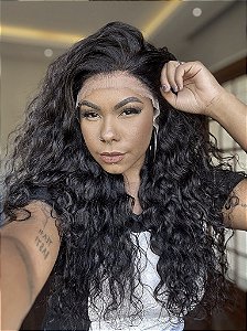 Peruca Lace Front Cabelo Humano Cacheada Longa Cristina Castanho Escuro