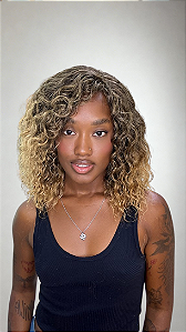 Wig Cabelo Humano Cacheado Modiza Loiro Mechas 4/27