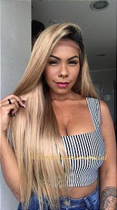 Peruca lace front cabelo humano loiro dourado longa