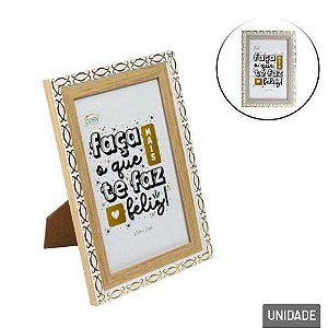 Porta Retrato 10x15 Plástico Moldura Relevo Branco e Dourado