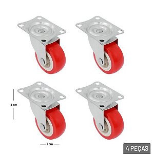 Rodízio Plástico Giratório Vermelho 1,5 Polegadas (4 Peças)