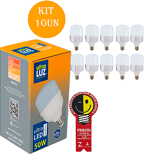Kit 10 Lâmpadas Bulbo de 50W Utra Luz 6500K INMNETRO E-27