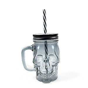 Caneca Pote com Canudo 400ml Caveira Transparente