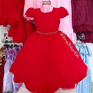 Vestido Infantil Vermelho com Cinto Pérolas Sintéticas e Colmeia