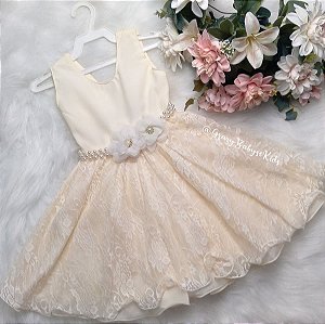 Vestido Infantil Casual Regata Pérola Renda com cinto pérolas sintéticas e flores