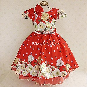 Vestido Infantil Vermelho Floral com Cinto ajustável