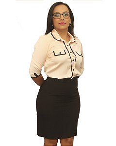 BLUSA SOCIAL DE SEDA MANGA LONGA - COM VIÉS PRETO - MODELO LUZI LEAL