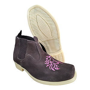 Botina Feminina em Couro Camurça Bordado Cavalo Cano Curto