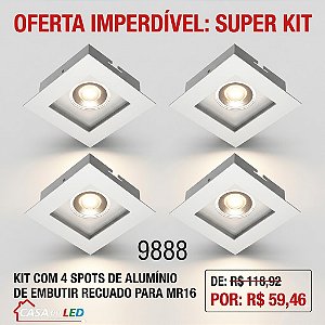 Kit 4 Spots de Alumínio de Embutir Recuado Quadrado para MR16 Branco