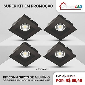 Kit 4 Spots de Embutir Recuado Quadrado Alumínio Preto para Lâmpada MR16 / GU10