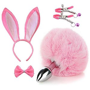 Kit - Plug Rabo de Coelho, Tiara de Orelhas , Grampos para os seios e Gravata laço