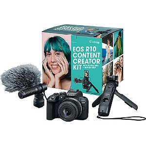 Câmera CANON EOS R10 + lente 18-45mm + Microfone + Grip Tripé (Content Creator Kit)