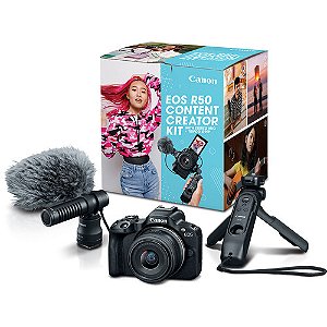 Câmera CANON EOS R50 + lente 18-45mm + Microfone + Grip Tripé (Content Creator Kit)