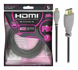 Cabo HDMI 2.0 4K HDR 19p para Micro HDMI - 5 metros (PIX) 018-9412
